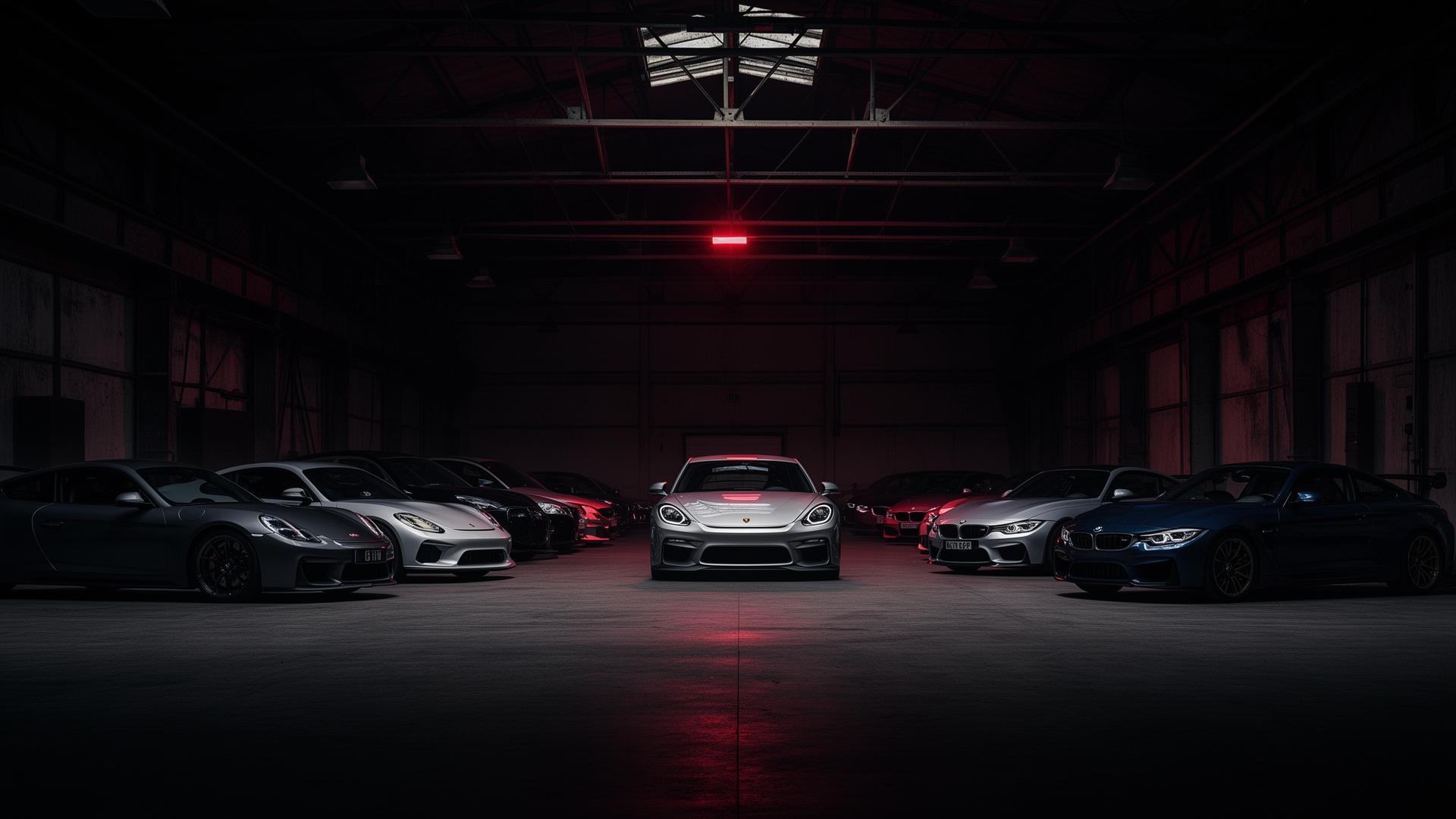 Sportwagen in einer dunklen Halle – Symbolmotiv aus dem Auftritt der Badner Garage