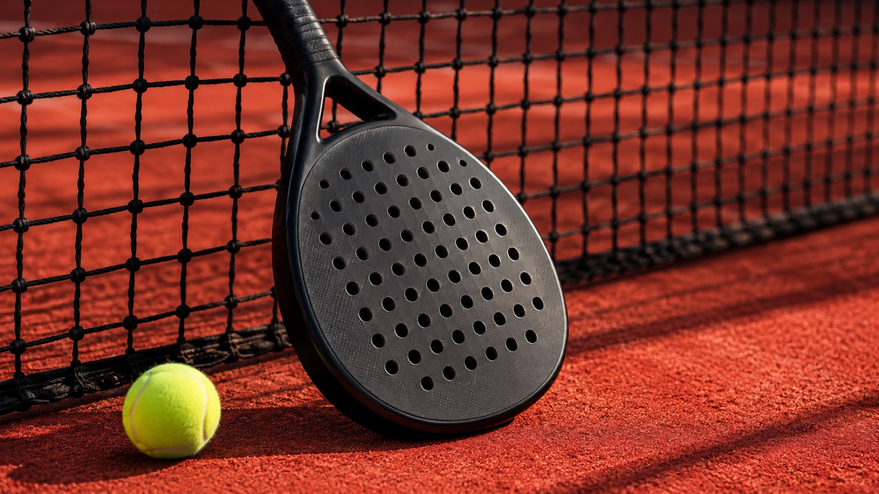 Padelschläger und Ball am Netz auf rotem Court – Symbolbild